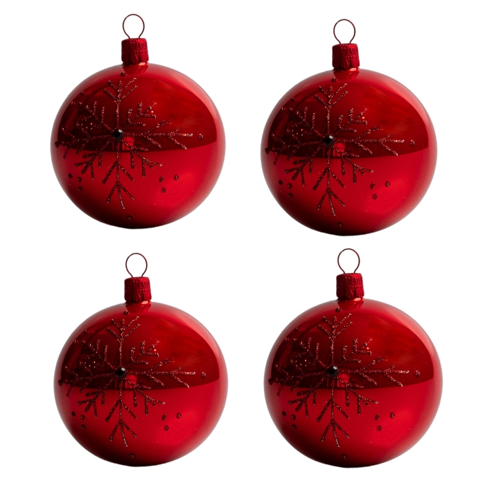 Skleněné vánoční ozdoby basic Red - Red kouličky s vločkou, 4 ks