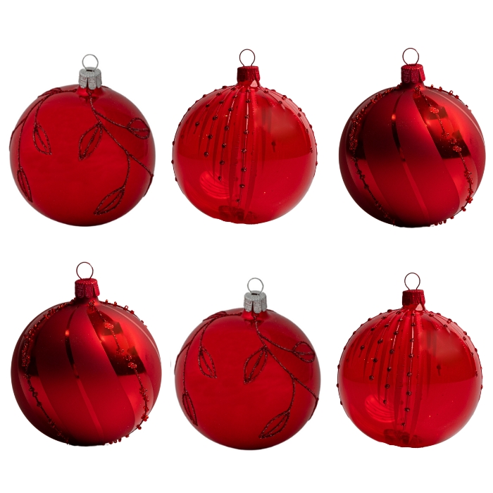 Skleněné vánoční ozdoby basic Red - Red koule zdobené, 6 ks