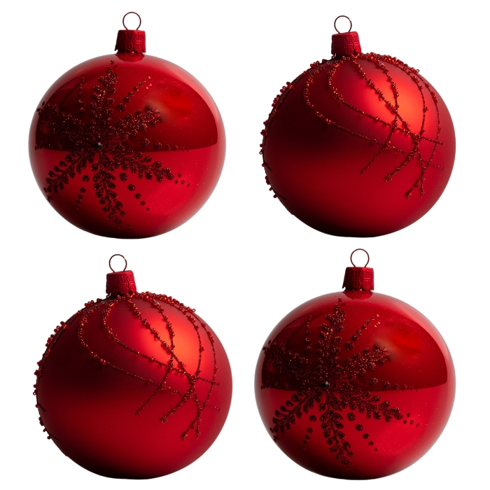 Skleněné vánoční ozdoby basic Red - Red kouličky s vločkou a kříženými linkami, 4 ks