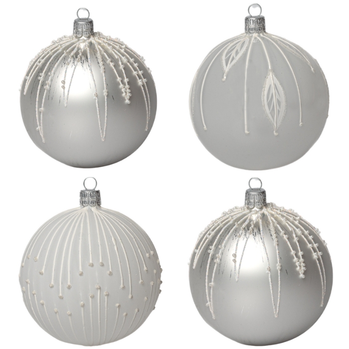Skleněné vánoční ozdoby basic Bianco - Bianco zdobené koule, 4 ks