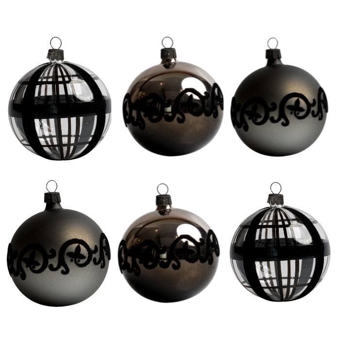 Skleněné vánoční ozdoby basic Nero - Nero s ornamenty a proužky, 6 ks